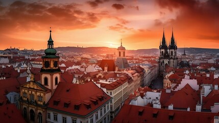 Fototapeta premium An aerial of the City Of Prague, Czech Republic at dusk.