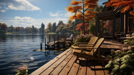 waterfront wooden deck, charming terrace with lounge zone and lake view om sunny autumn day