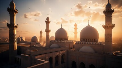 AI generated illustration of a mosque in the desert at dusk