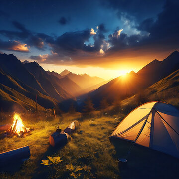 A tent with a campfire outside in the mountains View, Camping under sky