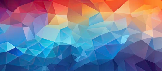 Fotobehang The image displays a mesmerizing pattern formed by abstract polygons in shades of blue orange and purple The design has a horizontal orientation and a low poly style creating a stunning and  © 2rogan