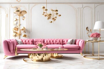 a pink sofas , golden table, against white background, attractive scene,