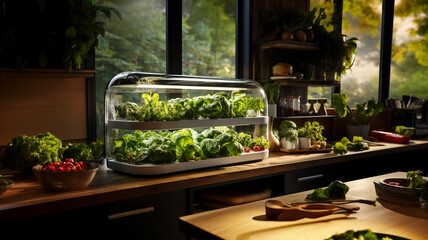 home growing of organic food and greens. hydroponic glasshouse on the kitchen. modern technology in cultivation