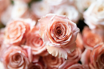 Bouquet of Flowers on Porch - Roses, Peony - White, Peach, Pink, Blush, Orange, Yellow, Green, Mauve - Wedding, Ceremony, Reception, Bokeh, Blur, Background, Backyard, Afternoon, Sunny, Arrangement © Farewell