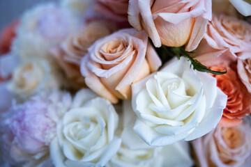 Bouquet of Flowers on Porch - Roses, Peony - White, Peach, Pink, Blush, Orange, Yellow, Green, Mauve - Wedding, Ceremony, Reception, Bokeh, Blur, Background, Backyard, Afternoon, Sunny, Arrangement
