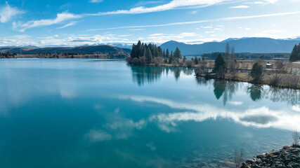 Aerial photography from  a drone of the Lake Ruataniwha rowing course at Twizel in the McKenzie country