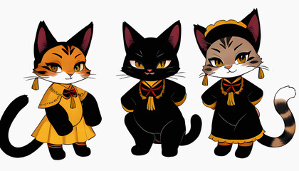 Cartoon cats in traditional folk costumes on a white background