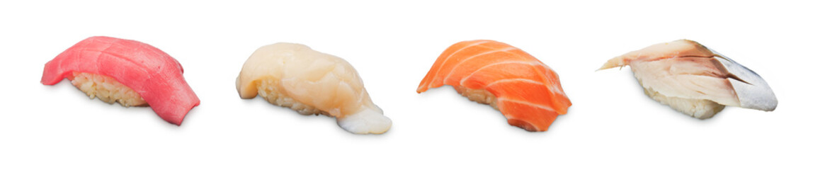 Various kinds of Nigiri Sushi on a white background - Powered by Adobe