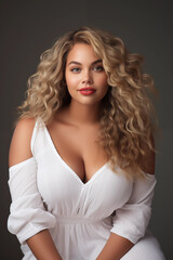 portrait of attractive busty young woman with wavy blonde hair - 672518522