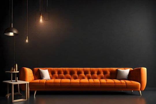 a orange sofas , table, againt dark background, attractive scene,
