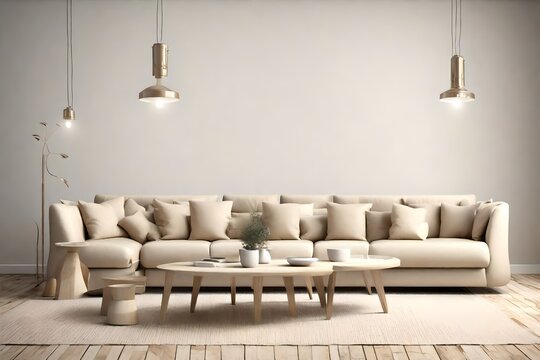 a beige sofas , table, againt white background, attractive scene,