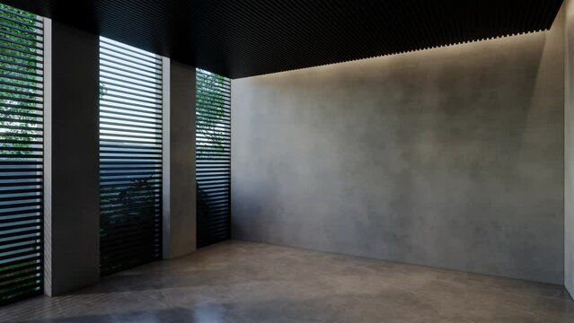 Modern empty space 3D animation, contemporary interior design with natural tones on rooms, walls, floors and ceilings. 3D rendering illustration