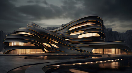 A building with many winding patterns, in the style of dark gold and light black