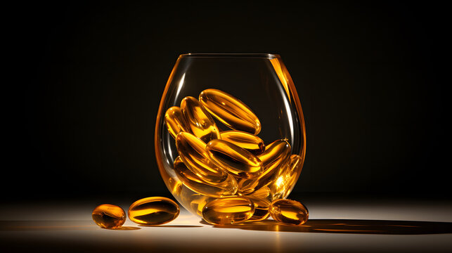 A Glass Full Of Liquid Containing A Mixture Of Edible Fish Oil Capsules