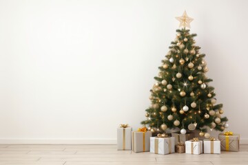 Big Beautiful Christmas Tree with Shiny Baubles and Presents - Close Up,ai generated