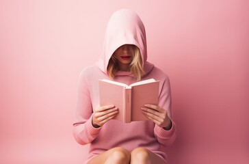 Woman Sitting on Floor Holding Book in Front of Face on Pink Background, ai generated