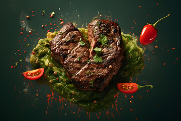 Heart-Shaped Floating Steak with Red and Green Chili