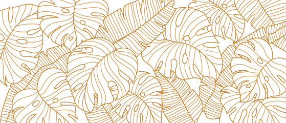 Tropical leaf line art wallpaper background vector. Natural monstera and banana leaves pattern design in minimalist linear. - obrazy, fototapety, plakaty