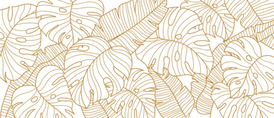Foto op Plexiglas Tropical leaf line art wallpaper background vector. Natural monstera and banana leaves pattern design in minimalist linear. © Rizal