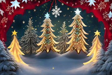 Illuminated christmas trees with red and golden garlands into a forest with snowy flakes with shape of stars close to xmas gifts in red boxes 
