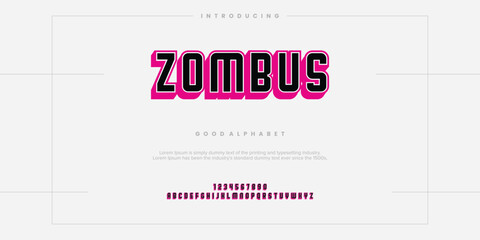 Zombus futuristic minimalist display font design, alphabet, typeface, letters and numbers, typography.