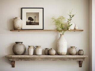 Weathered Wood Floating Shelf with Distressed Frames and a Pit