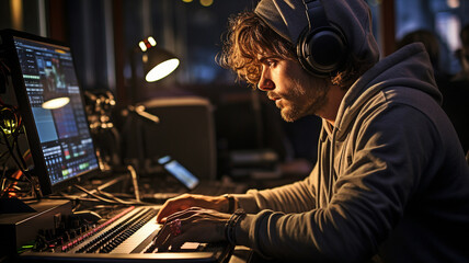 Obraz premium A recording studio employee who produces songs