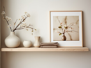 Fabric-Covered Frames and a Metal Vase on a Maple Floating Shelf