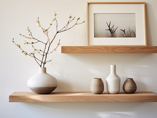 Modern Wood Floating Shelf with Asymmetrical Frames and Geometric Design