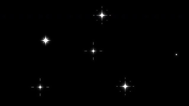 Twinkling retro stars animation, white cartoon, flat, vector, doodles style stars blinking on black background looping animation.