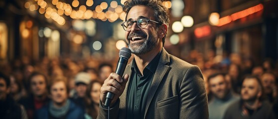 attractive inspirational speaker with a microphone in front of the audience. Man addressing a crowd while under the spotlight.. - obrazy, fototapety, plakaty