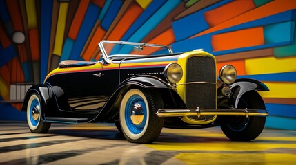 Vintage1930s roadster hotrod car on a colorful background, AI-generated.