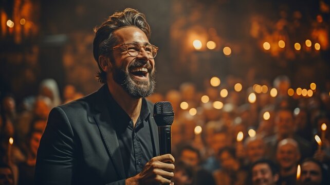 attractive inspirational speaker with a microphone in front of the audience. Man addressing a crowd while under the spotlight..