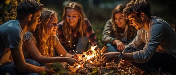 A joyful bunch of teenagers enjoying a campfire while roasting marshmallows .