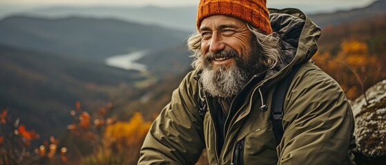 Obraz premium Mature, content, and happily smiling hiker enjoying hot tea while venturing outside.