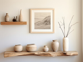 Fototapeta na wymiar Cedar Wood Floating Shelf with Rustic Frames and a Clay Vase