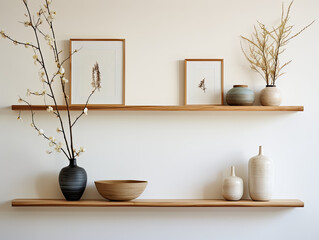 Bamboo Floating Shelf with Contemporary Frames and a Brass Vase