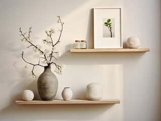 Birch Wood Floating Shelf with Square Frames and a Porcelain Vase