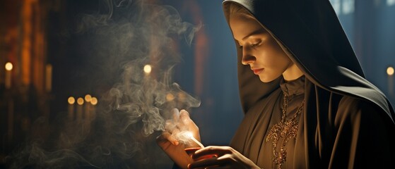 Christian nun who is immoral is smoking a cigarette from a flaming candle. - obrazy, fototapety, plakaty
