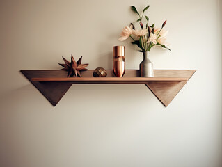 Ash Wood Floating Shelf with Geometric Frames and a Copper Vase