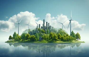 Contemporary wind turbines and illustration - Eco-friendly, renewable energy concept.