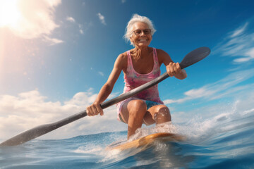 A happy elderly woman swims in the sea on a sup-surfing board, paddle board. Active recreation at sea.  - obrazy, fototapety, plakaty