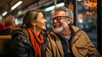 A middle-aged man and a senior woman conversing while riding the tram . - obrazy, fototapety, plakaty