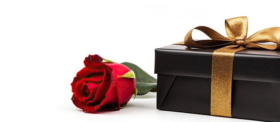 On a white background there is a black box for gifts adorned with a gold ribbon along with a solitary red rose