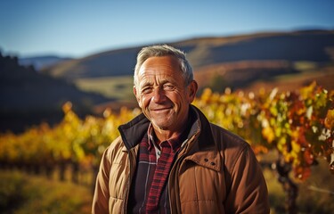 A happy senior wine producer stands in front of the camera, with a vineyard in the backdrop. .