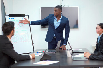 Businesspeople in meeting room discussing business plan.