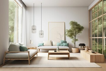 AI generated illustration of An inviting modern living room featuring two comfortable  sofas