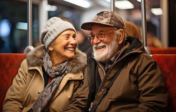 A middle-aged man and a senior woman conversing while riding the tram .