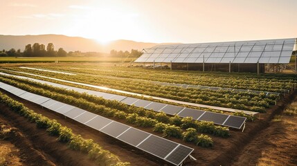 AI generated illustration of a large field of solar panels in a lush agricultural landscape - obrazy, fototapety, plakaty