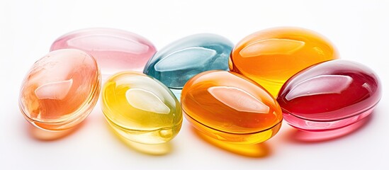 Jelly candies shaped like eggs seen from a top perspective and separated from the background by being placed on a white surface